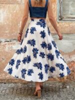 Fusta Lunga Doris Alba cu Print Floral Albastru - imagine 2