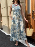 Rochie Lunga Mioara Alba cu Print Albastru