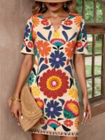 Rochie Scurta Anka Bej cu Print Floral Multicolor - imagine 3