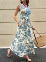 Rochie Lunga Mioara Alba cu Print Albastru - imagine 3