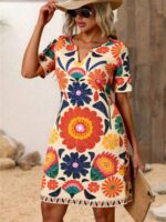 Rochie Scurta Anka Bej cu Print Floral Multicolor