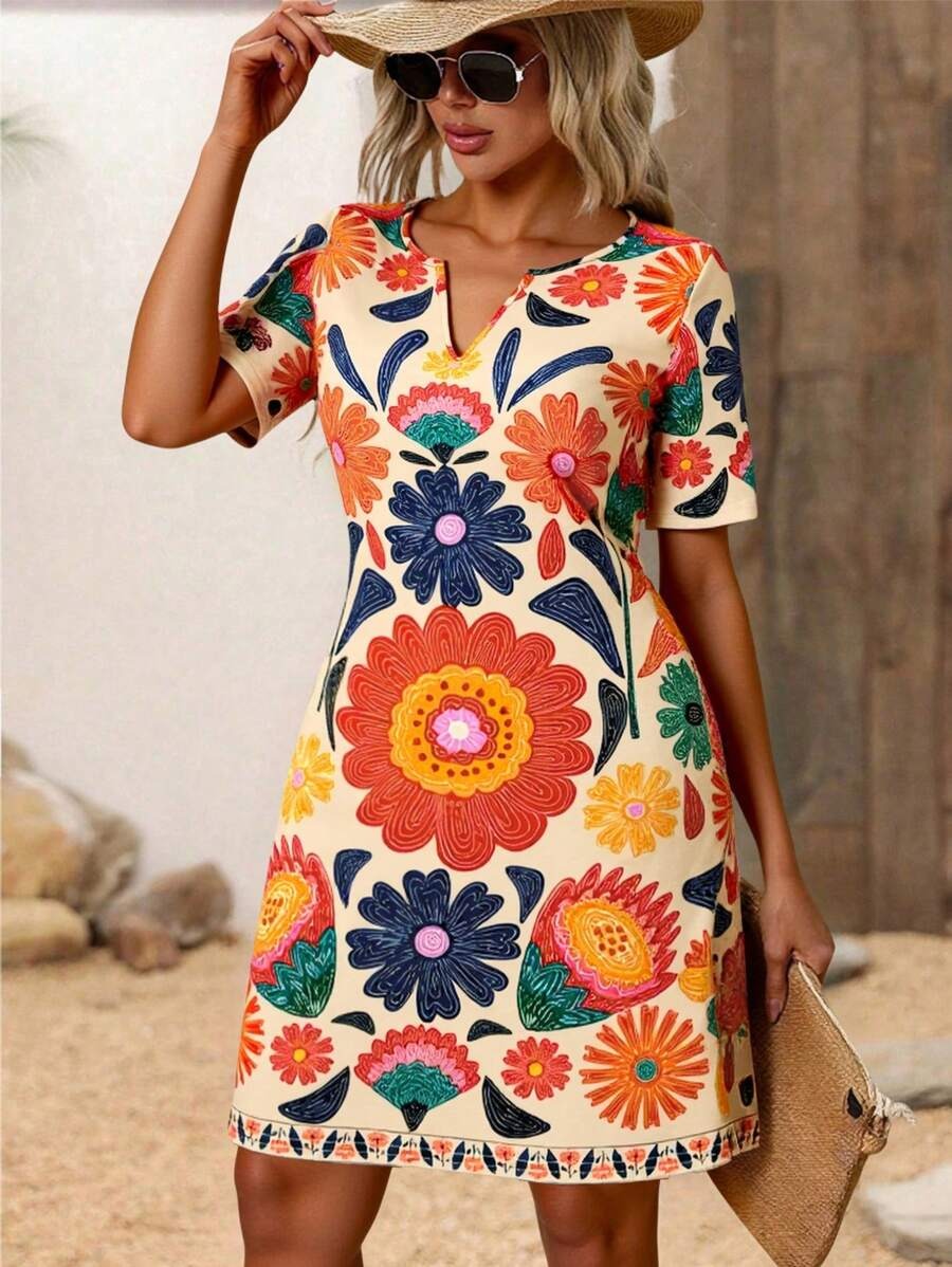 56 Rochie Scurta Anka Bej cu Print Floral Multicolor - imagine 1