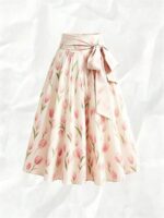 Fusta Midi Ioana Crem cu Print Floral Roz