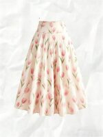 Fusta Midi Ioana Crem cu Print Floral Roz - imagine 2