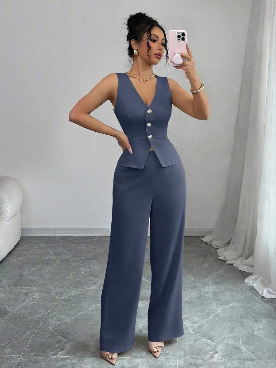 90 Compleu Thalena Albastru Petrol format din Vesta si Pantalon - imagine 1