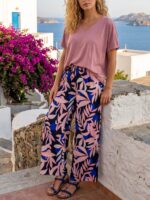 Compleu Miray Format din Top  Roz si Pantalon cu Print Tropical