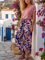 Compleu Miray Format din Top  Roz si Pantalon cu Print Tropical - imagine 3