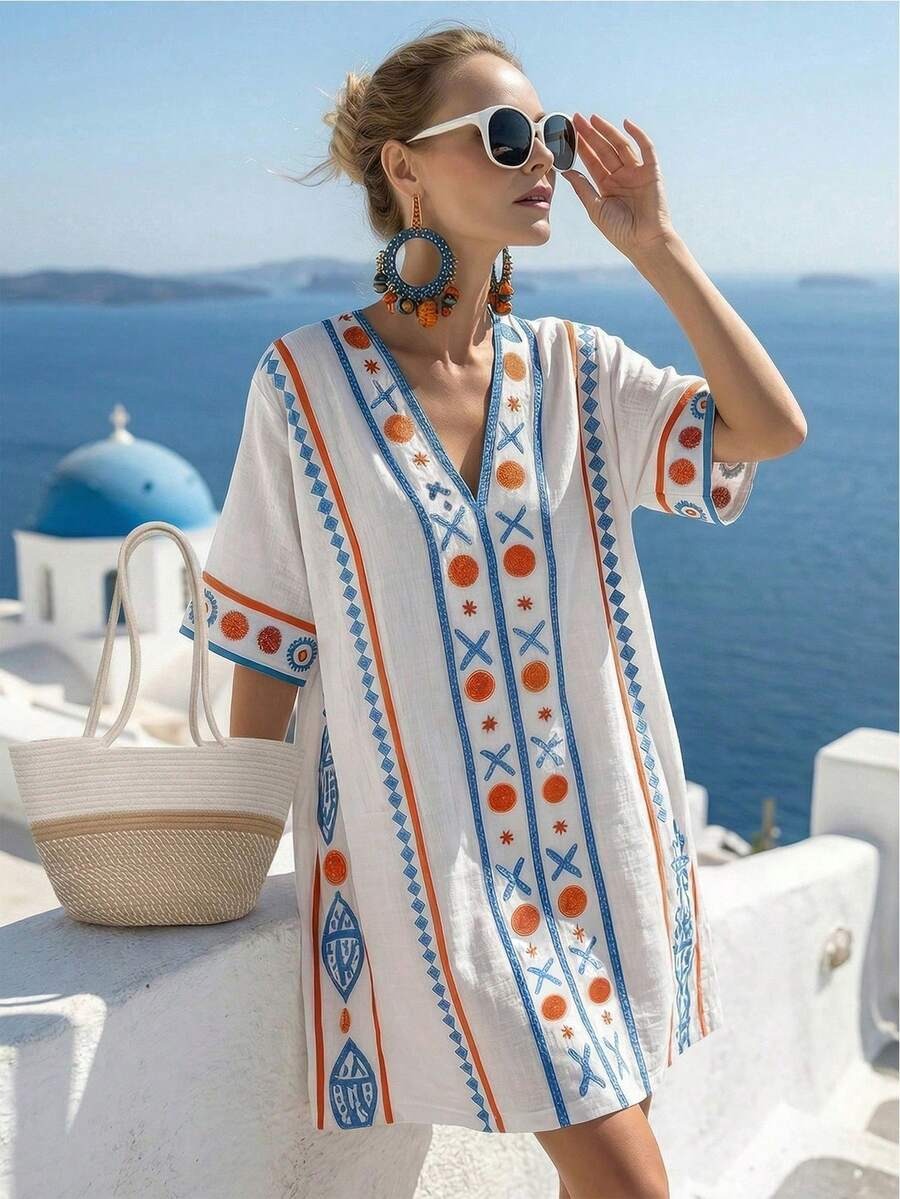1561 Rochie Scurta Leona Alba cu Print Geometric Multicolor - imagine 1