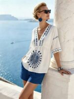 Bluza Dama Daisie Alba cu Print Geometric Albastru - imagine 5