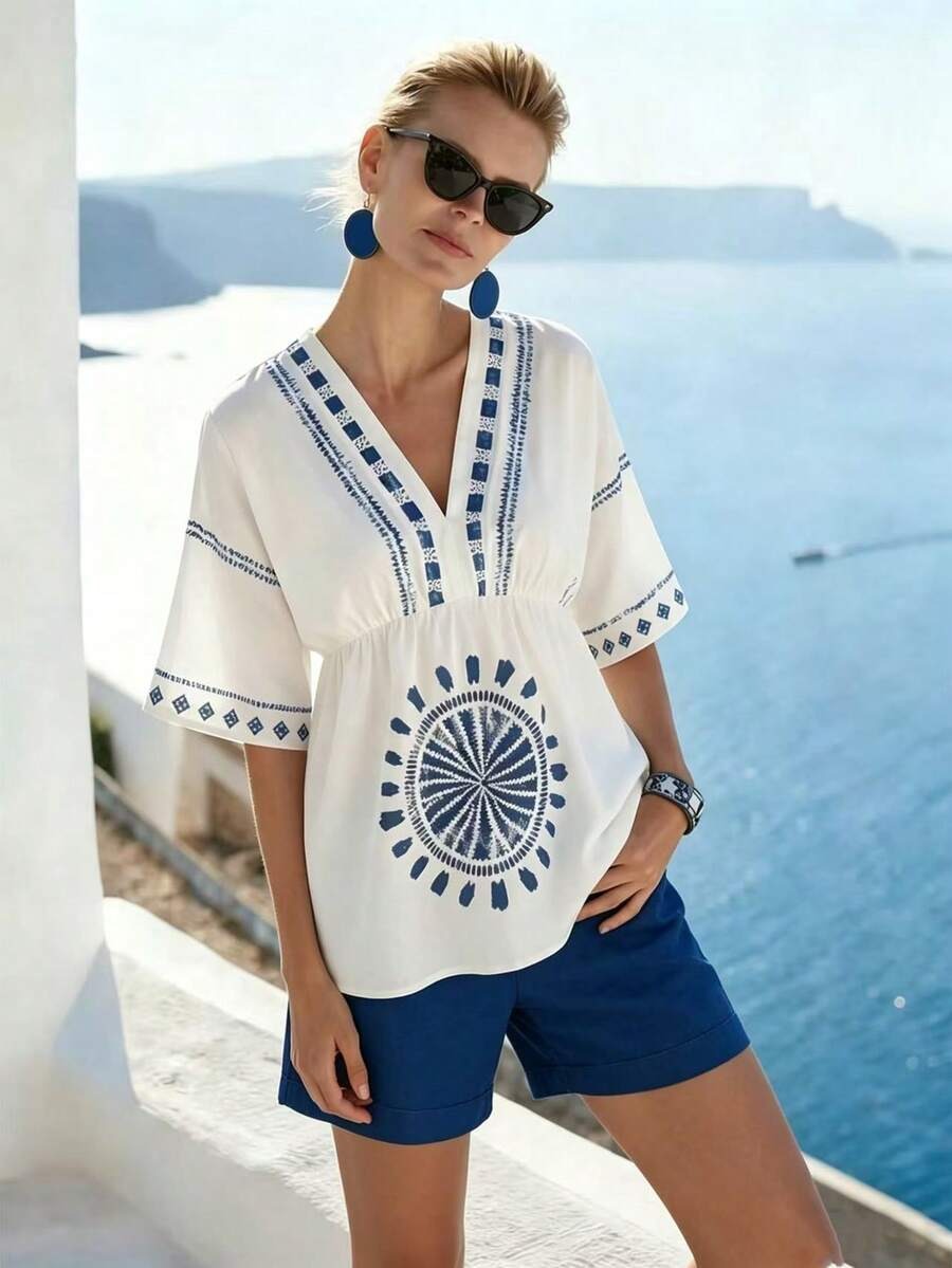 1588 Bluza Dama Daisie Alba cu Print Geometric Albastru - imagine 1