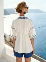 Bluza Dama Daisie Alba cu Print Geometric Albastru - imagine 2