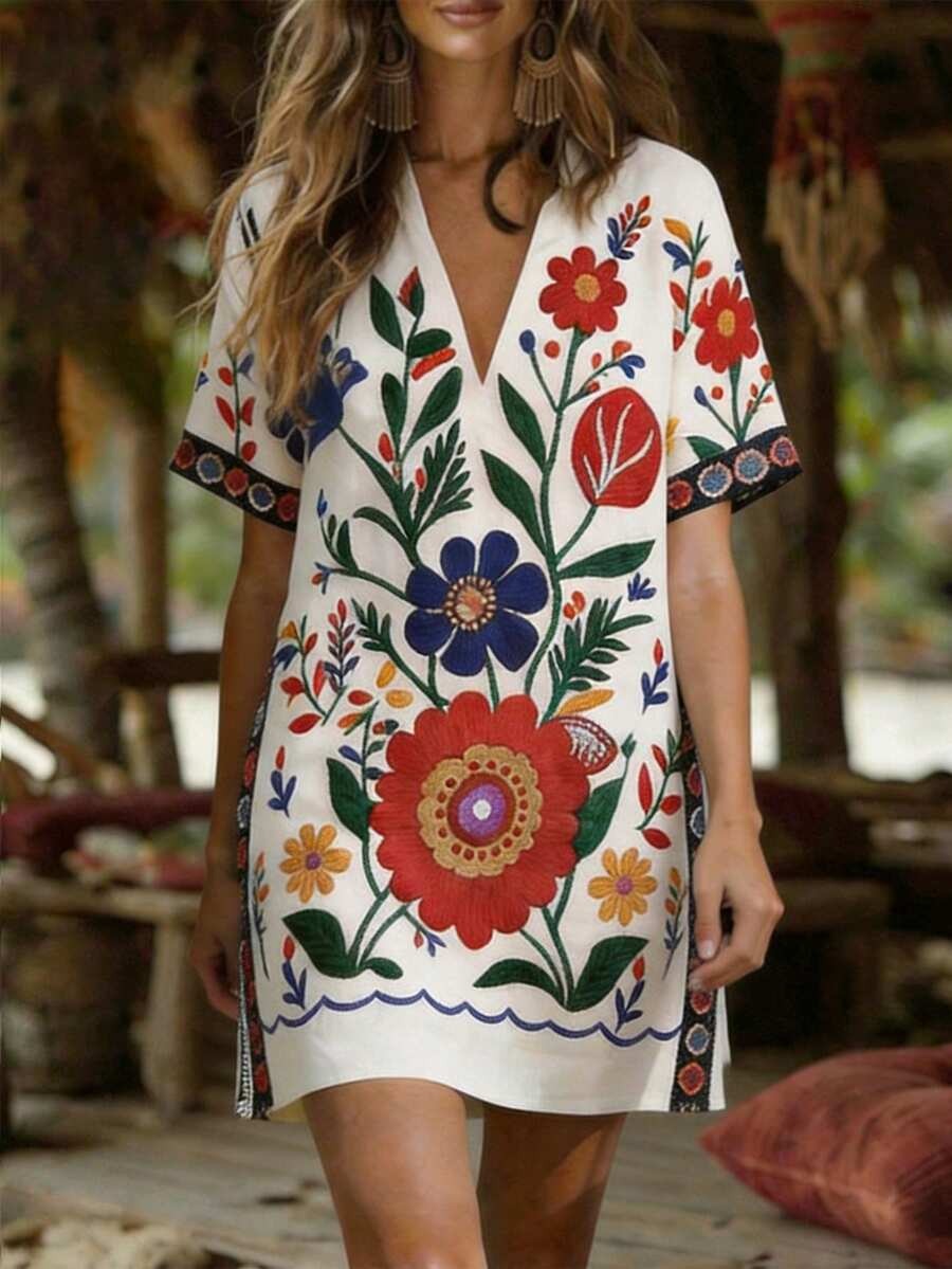 1772 Rochie Scurta Eljas Alba cu Print Floral Multicolor - imagine 1