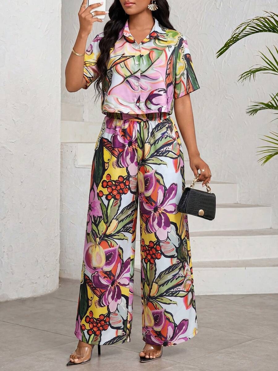 1837 Compleu Lanisa cu Print Floral format din Top si Pantalon - imagine 1