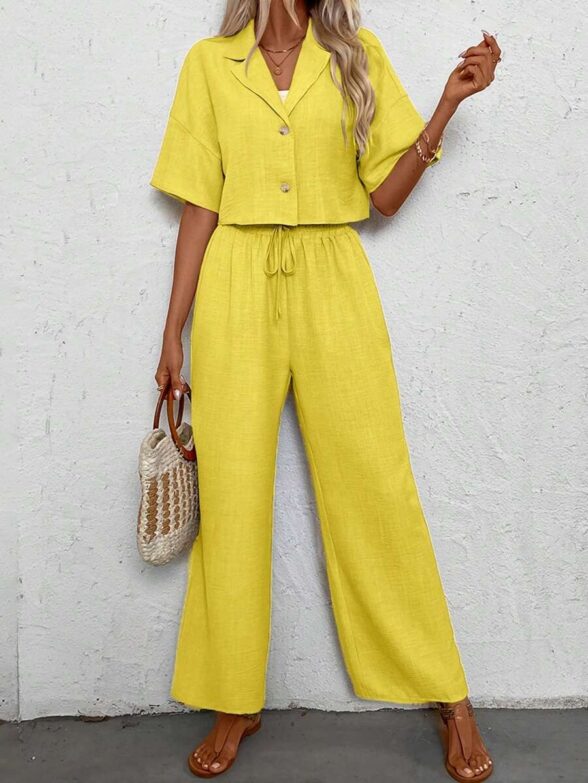 Compleu Anelise Galben format din Top si Pantalon