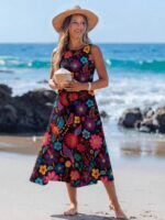 Rochie Midi Lorina Neagra cu Print Floral Multicolor - imagine 4
