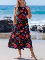 Rochie Midi Lorina Neagra cu Print Floral Multicolor