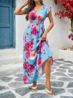 Rochie Lunga Elanti Bleu cu Print Trandafiri Roz - imagine 5