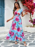 Rochie Lunga Elanti Bleu cu Print Trandafiri Roz - imagine 4