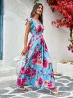 Rochie Lunga Elanti Bleu cu Print Trandafiri Roz - imagine 3