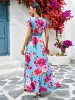 Rochie Lunga Elanti Bleu cu Print Trandafiri Roz - imagine 2