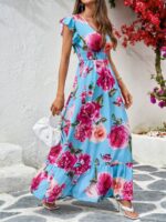 Rochie Lunga Elanti Bleu cu Print Trandafiri Roz