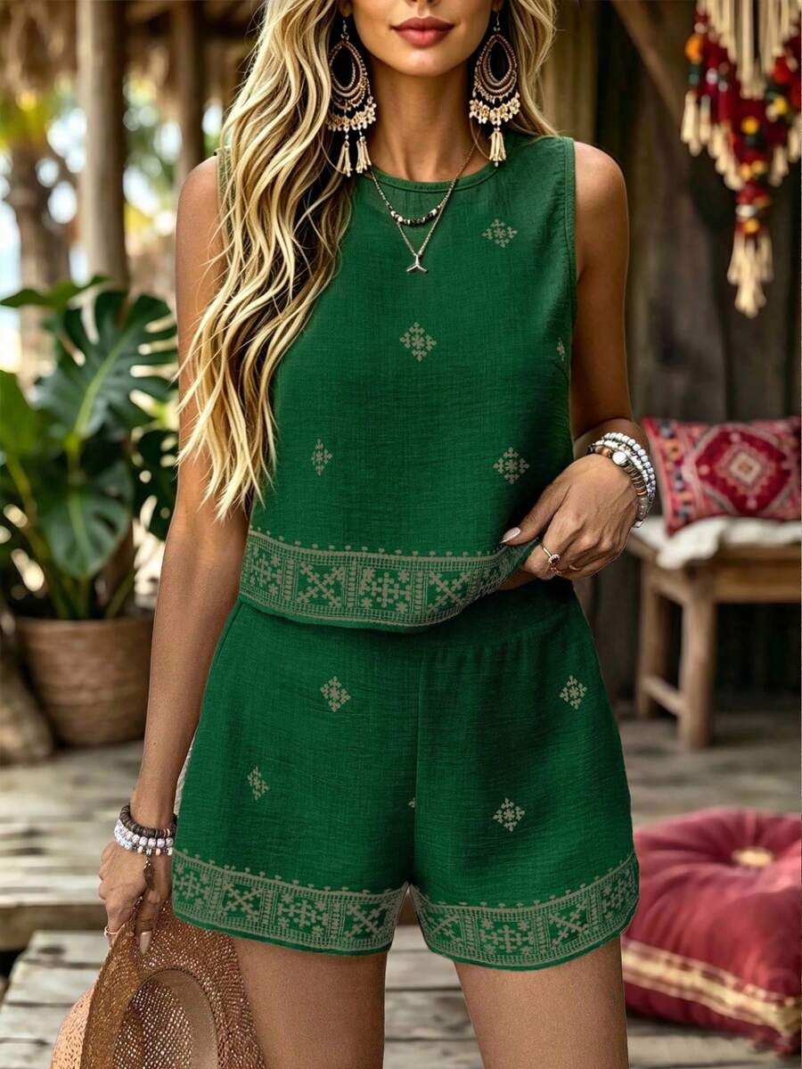 1950 Compleu Eliana Verde cu Print Bej format din Top si Pantalon - imagine 1