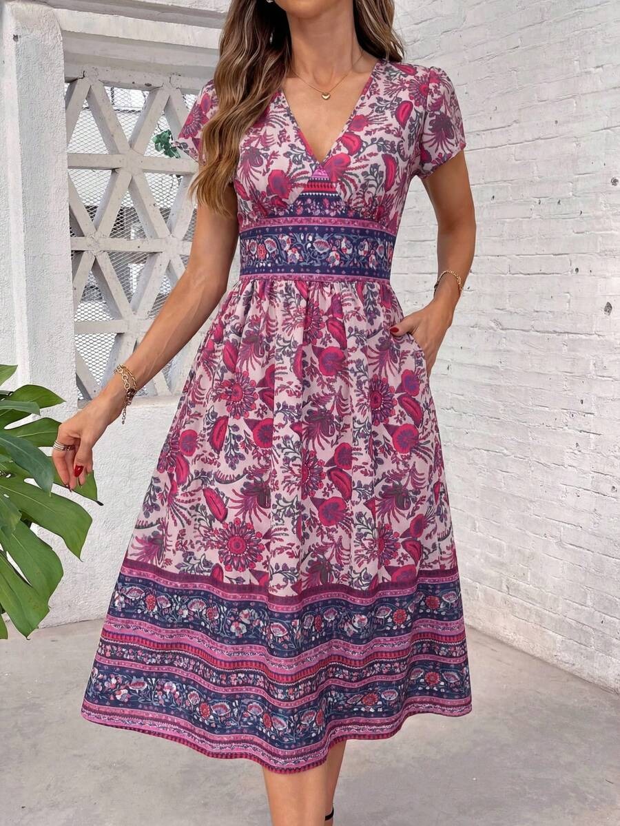 2004 Rochie Midi Senaida Mov cu Print Floral Roz - imagine 1