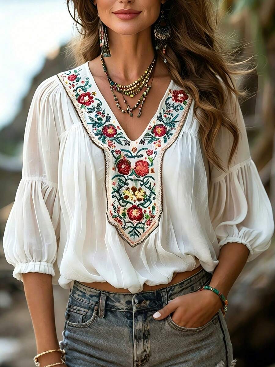 2046 Bluza Dama Amber Alba cu Print Floral - imagine 1