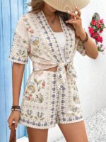 Compleu Mariota Bej cu Print Multicolor format din Bluza si Pantalon Scurt - imagine 5