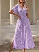 Rochie Lunga Benima Mov cu Print Floral Alb - imagine 4