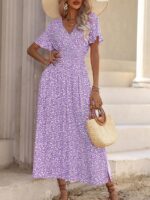 Rochie Lunga Benima Mov cu Print Floral Alb - imagine 3