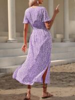 Rochie Lunga Benima Mov cu Print Floral Alb - imagine 2