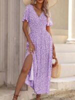 Rochie Lunga Benima Mov cu Print Floral Alb