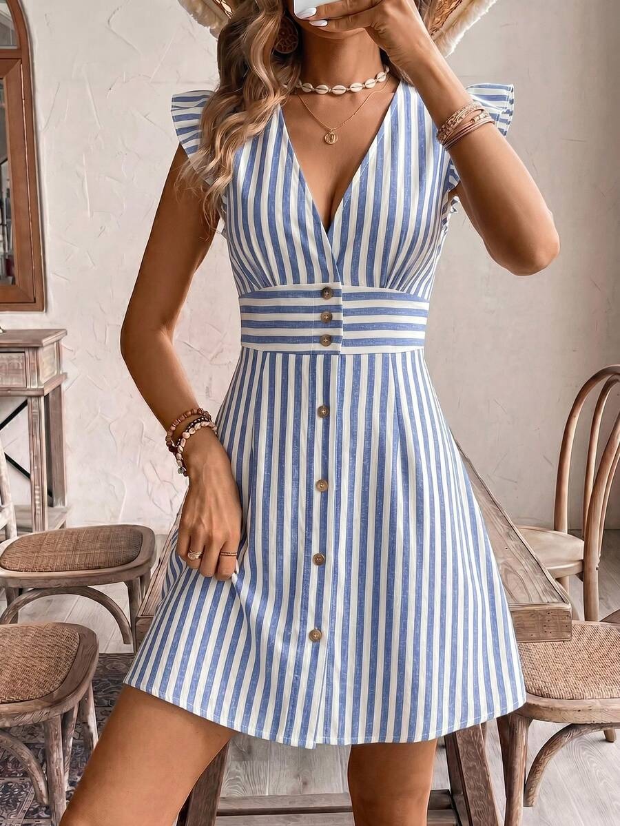 2221 Rochie Scurta Nanine Alba cu Dungi Bleu - imagine 1