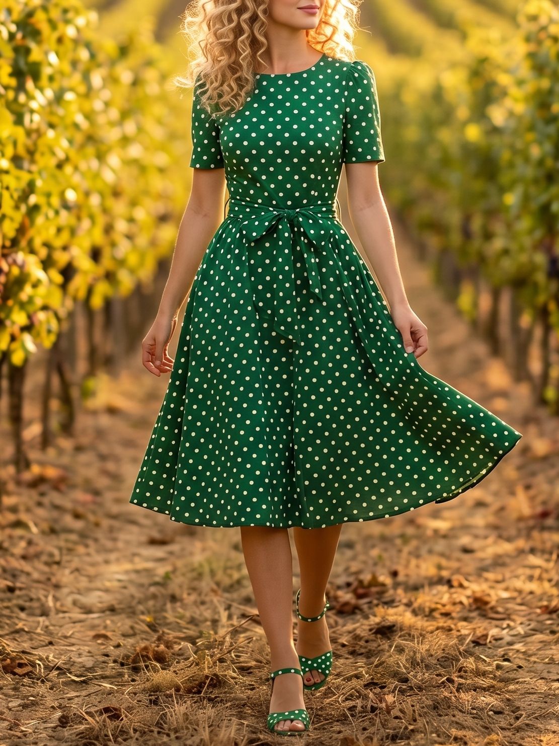 2308 Rochie Scurta Hannie Verde cu Buline Albe - imagine 1