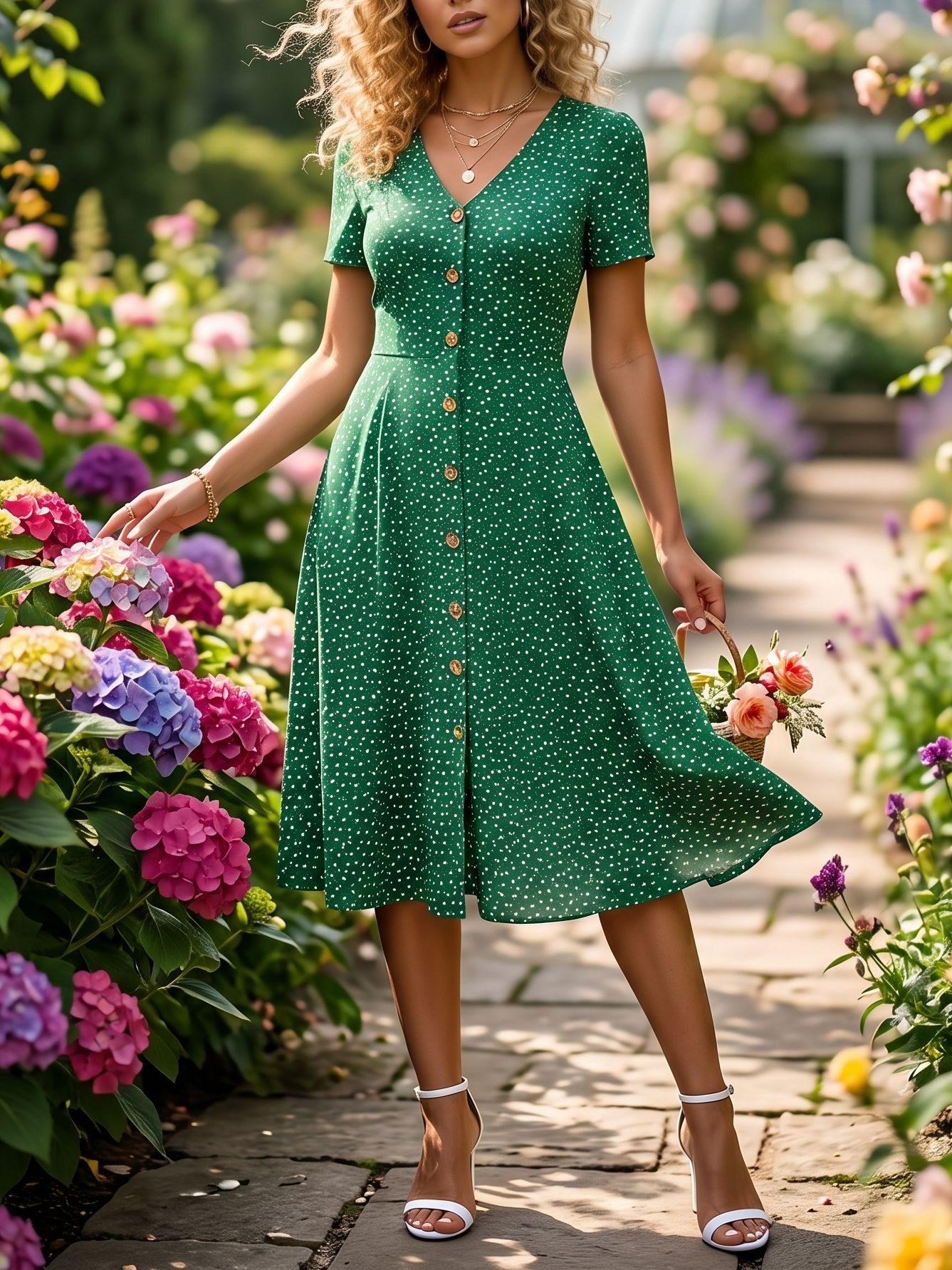 2326 Rochie Midi Alieta Verde cu Buline Albe - imagine 1