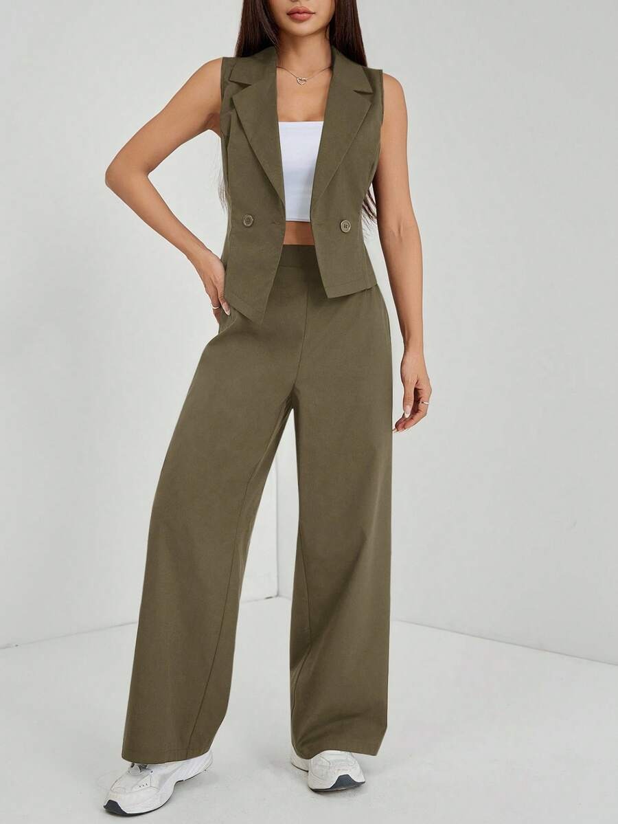 2371 Compleu Madora Khaki format din Vesta si Pantalon - imagine 1