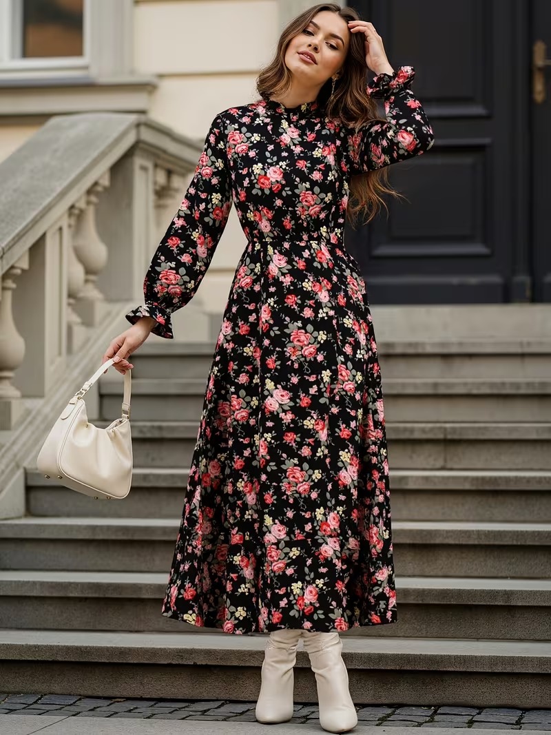 2428 Rochie Lunga Alindra Neagra cu Print Floral Roz - imagine 1