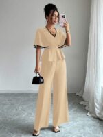 Compleu Lisen Bej format din Top si Pantalon - imagine 3