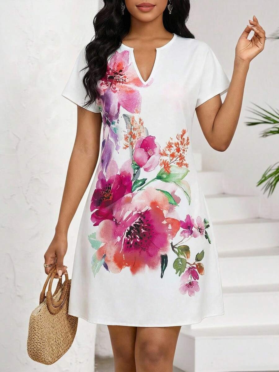 2553 Rochie Scurta Patel Alba cu Print Floral Roz - imagine 1