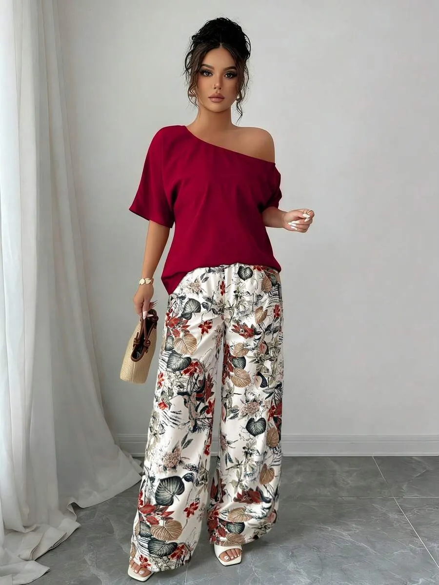 32 Compleu Robin format din Top Grena si Pantalon cu Print Floral Multicolor - imagine 1