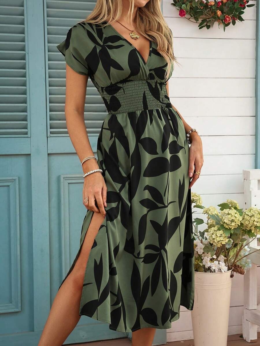 43 Rochie Midi Leya Khaki cu Print Frunze Negre - imagine 1