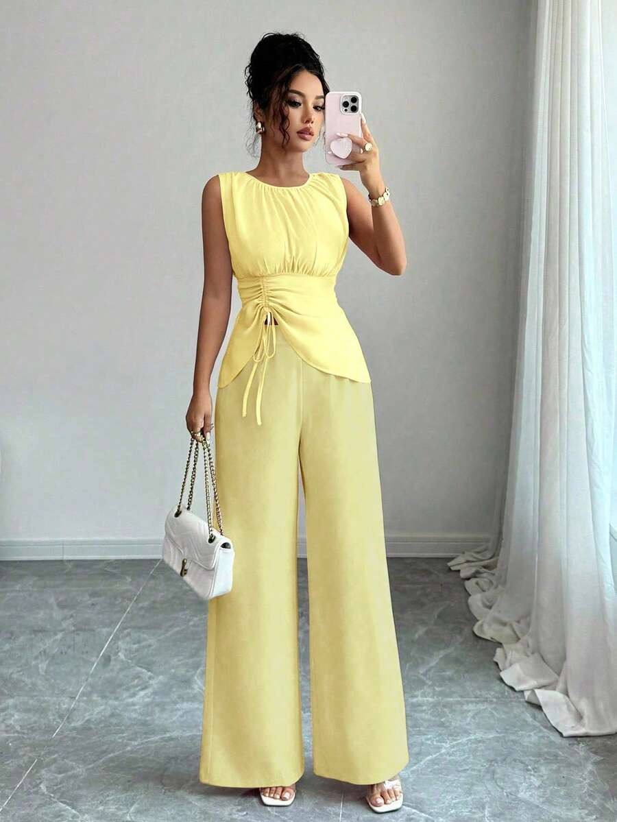 44 Compleu Ozana Galben format din Top si Pantalon - imagine 1