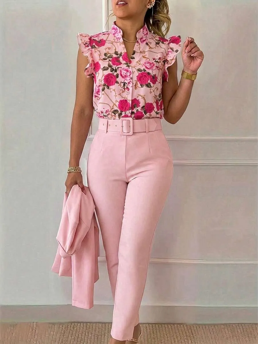 47 Compleu Alland format din Camasa Roz si Pantalon Roz - imagine 1