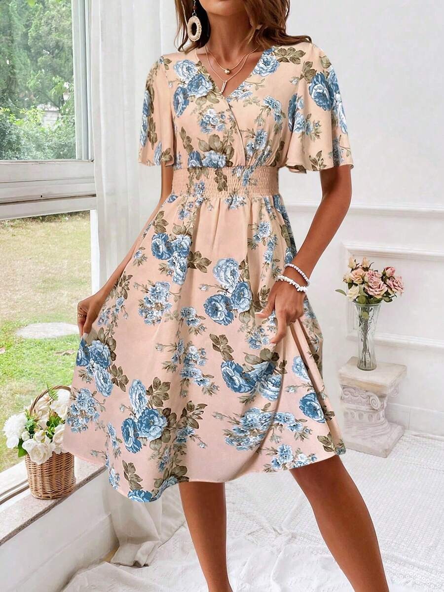 50 Rochie Scurta Hilma Roz cu Print Floral Albastru - imagine 1