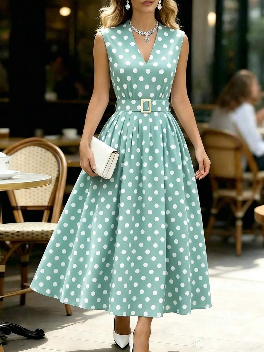 80 Rochie Midi Bertine Vernil cu Buline Albe - imagine 1