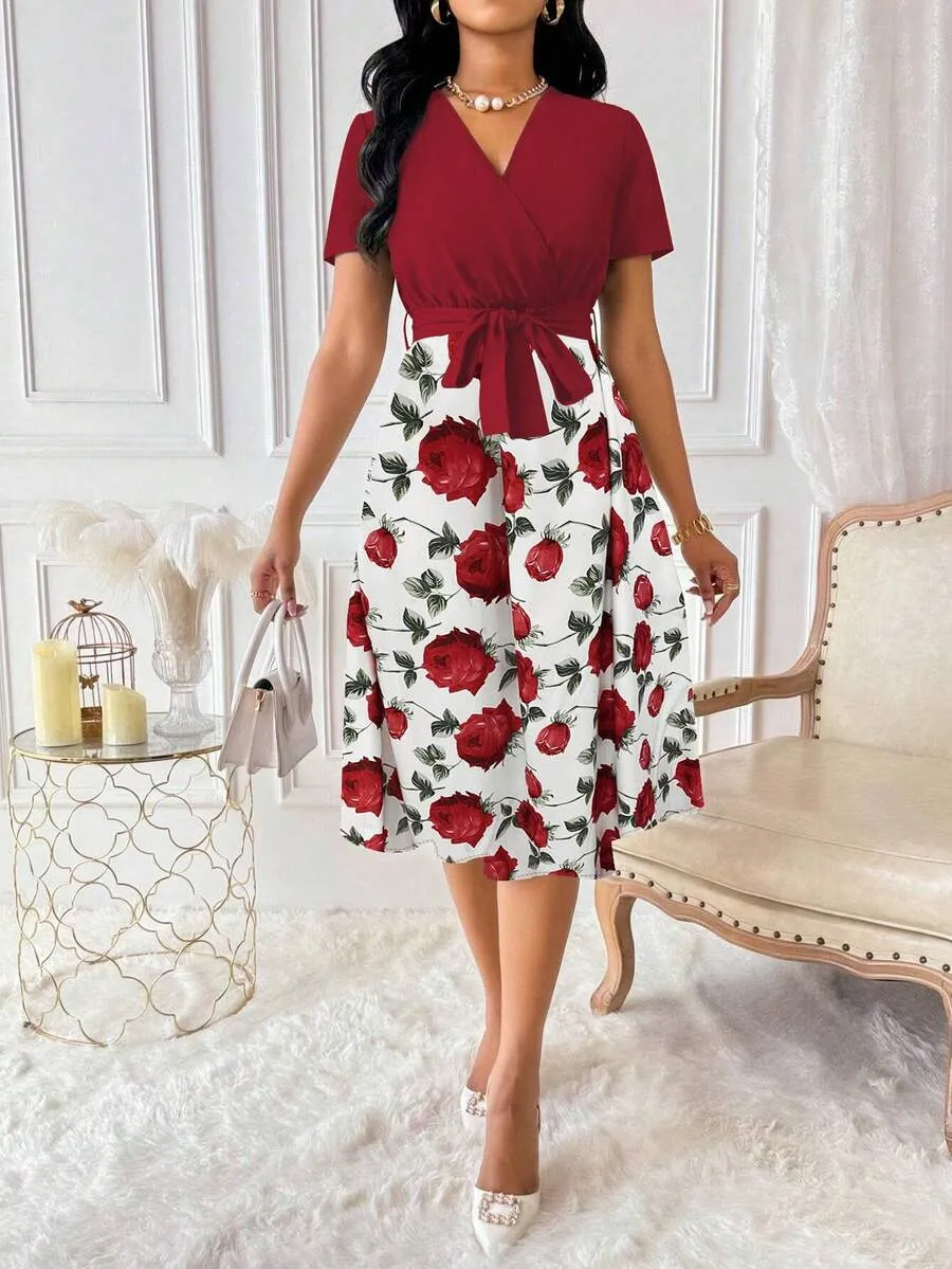 89 Rochie Midi Maxine Grena cu Print Floral - imagine 1