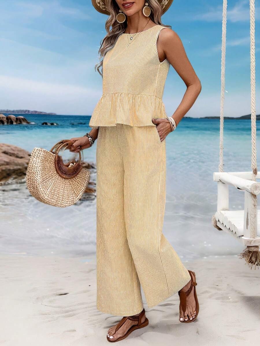 2593 Compleu Nadyna Alb cu Dungi Galbene format din Top si Pantalon - imagine 1