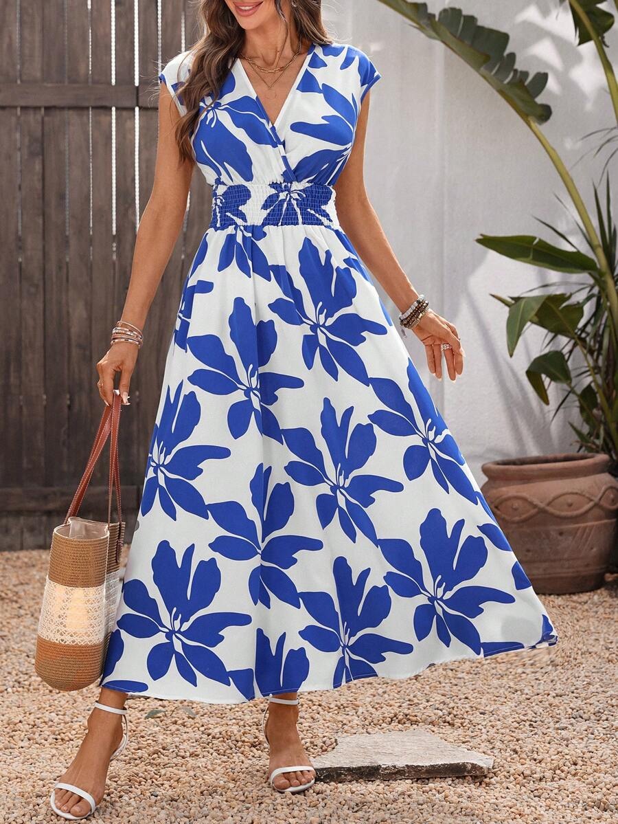 2599 Rochie Lunga Valetta Alba cu Print Floral Albastru - imagine 1