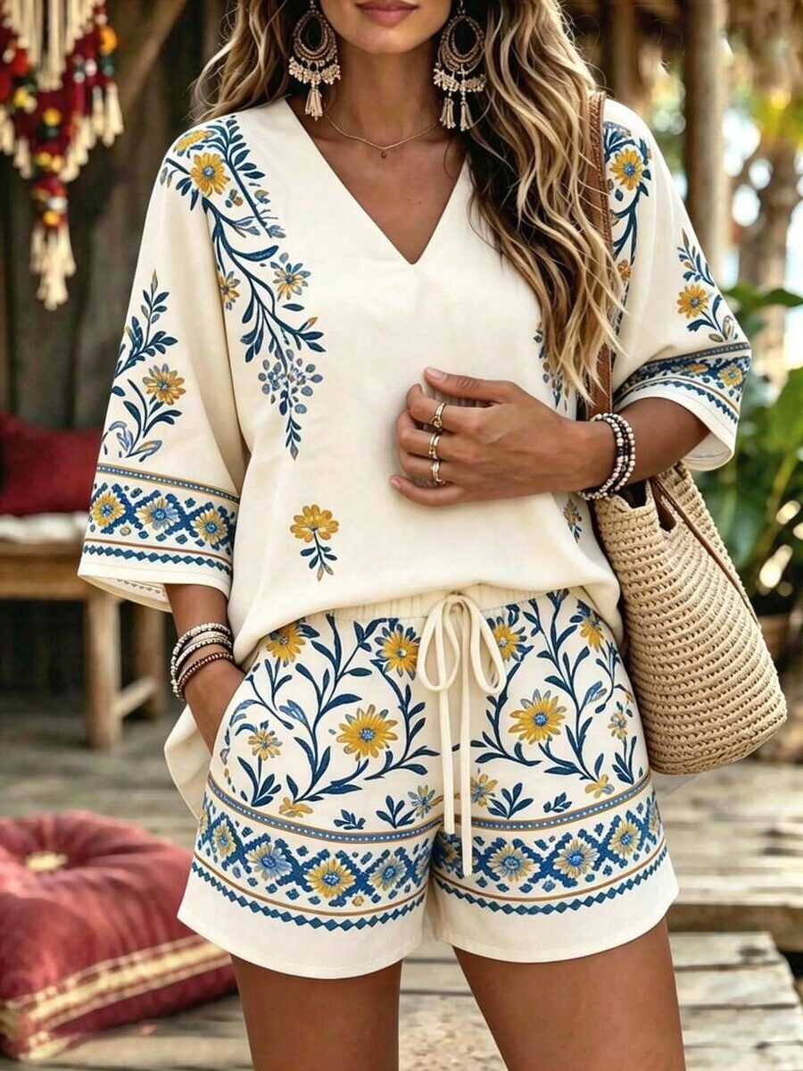 2656 Compleu Basilia Bej cu Print Floral - imagine 1